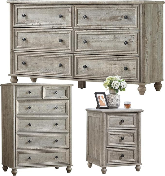 Farmhouse Dressers & Night Stand Set of 3, Wood 54" Wide Dresser & 43.5"Tall Chest of Drawers, 18" Roman Column Nightstand, Bedroom Furniture 6 Drawer Dresser Set for Bedroom Home Living Room Hallway
