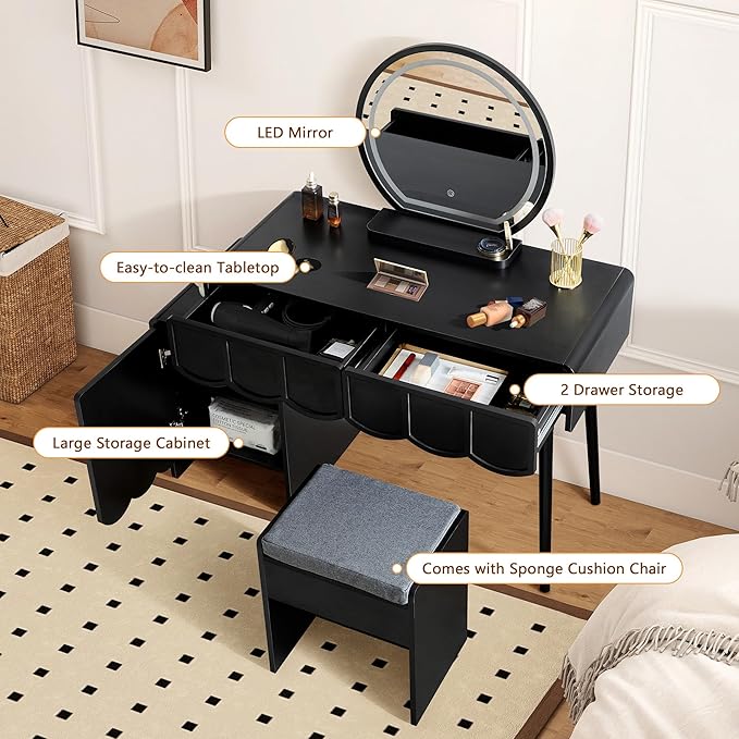 ORRD Vanity Desk with Mirror and Lights, Modern Wood Wave Panel Vanity Desk Set Makeup Table with Drawers and Cabinet, Dressing Table with Storage for Bedroom, Black