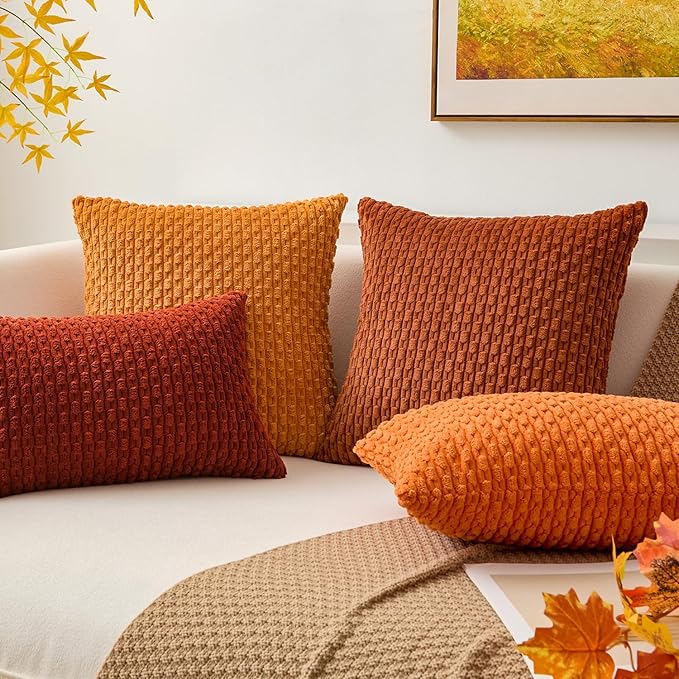 Kevin Textile Fall Throw Pillow Covers Soft Corduroy Decorative Set of 2 Boho Striped Pillow Covers Pillowcases Farmhouse Home Decor for Couch Bed Sofa Living Room 16x16 Inch Rust Brown
