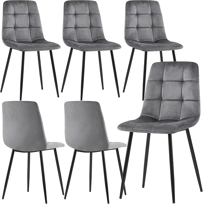 Grey Velvet Chair Set of 6,Mid-Century Modern Dining Chair Upholstered Living Chair Tufted Reception Chair with Solid Black Metal Legs for Bedroom,Dining Room,Kitchen