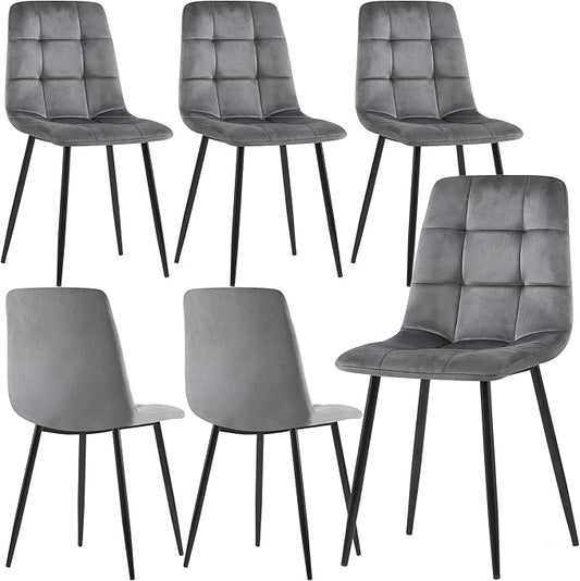 Grey Velvet Chair Set of 6,Mid-Century Modern Dining Chair Upholstered Living Chair Tufted Reception Chair with Solid Black Metal Legs for Bedroom,Dining Room,Kitchen
