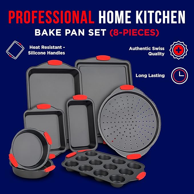 Baking Set – 8 Piece Kitchen Oven Bakeware Set – Deluxe Non-Stick Black Coating Inside and Outside – Carbon Steel – Red Silicone Handles – PFOA PFOS and PTFE Free by Bakken