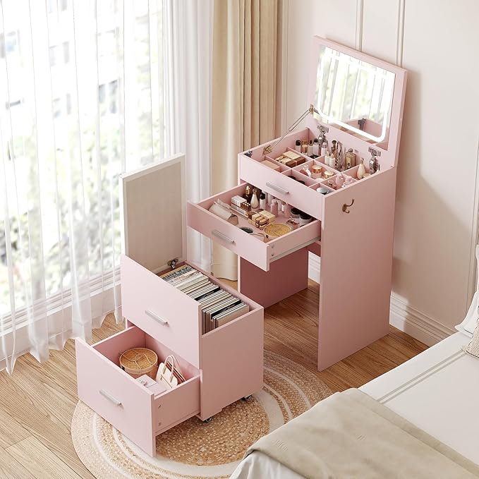 Compact Vanity with 3 Drawers, 3 in 1 Vanity Desk, Makeup Desk with Flip-up 3 Colors Lighting Mirror and Cushioned Stool, Small Vanities Nightstand Perfect for Bedroom, Pink