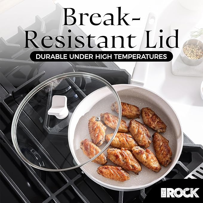 THE ROCK SOHO 8-Inch Non Stick Frying Pan with Lid–Nothing Sticks, Never Warps, Lasts Longer, Ceramic Non Toxic Skillet with Heat-Resistant Handle, PTFE PFOA & PFAS Free, Oven & Dishwasher Safe, Cream