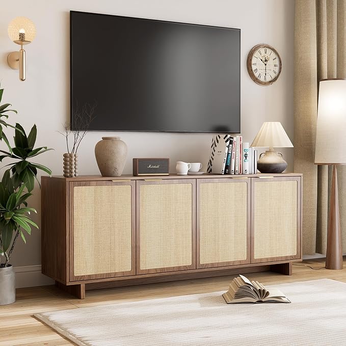 TV Stand for Living Room, Boho Entertainment Center for Bedroom with Adjustable Shelves, Farmhouse Television Stands with Large Storage, Media Console Table for TVs up to 45 50 55 60 65in