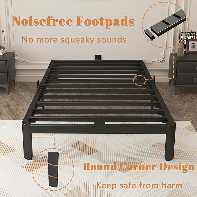 Black 10 Inch Twin Bed Frames, Metal Bed Frame Twin Size with Baffles, No Box Spring Needed, Rounded Corner Legs, Heavy Duty Steel Platform Support, Reserved Holes, Storage Space, Noise Free