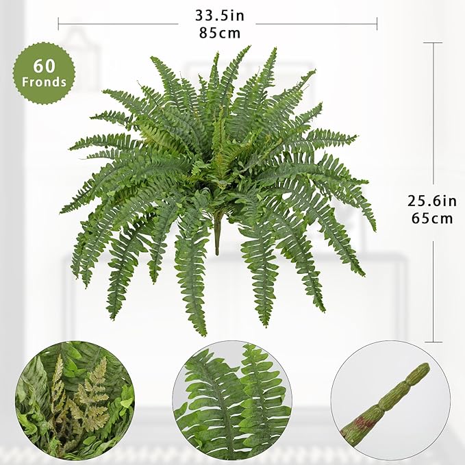 Ferns Artificial Plants 33.5" Dia. Faux Ferns for Outdoor Planter Large Fake Ferns Look Real Artificial Ferns with 60 Fronds Hanging Boston Fern Fake Plant Shrubs for Home Farmhouse Garden Porch Decor