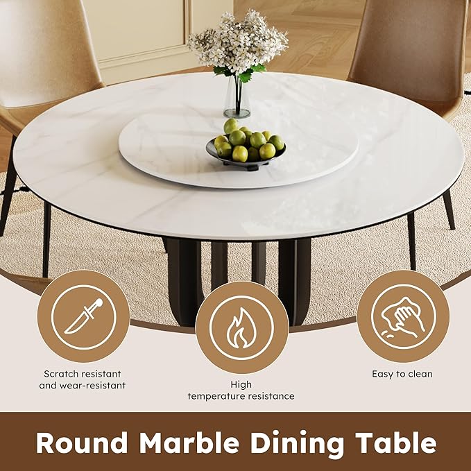 59" Round Modern Marble Dining Table with Lazy Susan, Sintered Stone Top for Kitchen, Dining Room, Dinette, Space Saving Design