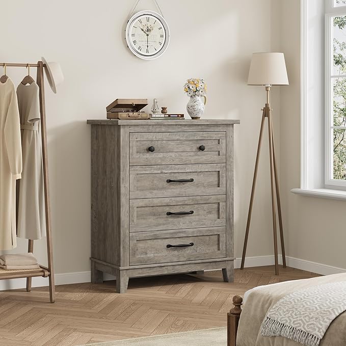 GarveeHome 4 Dresser for Bedroom, 34.8" Tall Vertical Drawer Dresser with Large Storage, Freestanding Wooden Closet Chest for Bedroom, Living Room, Grey