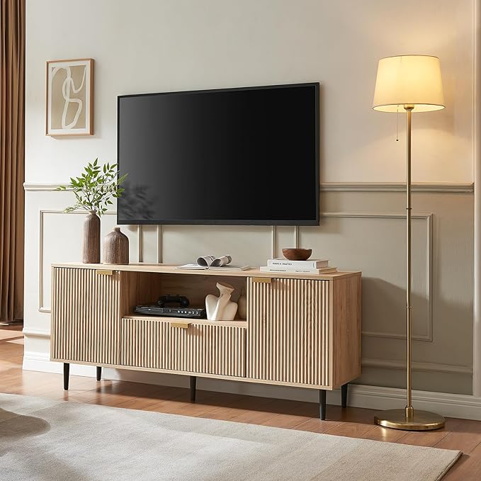 Okvnbjk Modern TV Stand for 65 Inch TV, TV Consoles for Living Room, Media Console with Soft Hinge & Drawer, Wood Fluted Entertainment Center with Storage, Oak