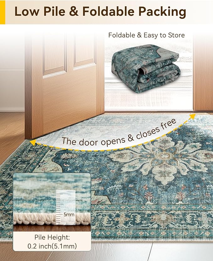 Area Rugs 3'x5' Washable Non-Slip, Floral Vintage Distress Print Pattern Medallion Carpet for Living Room Bedroom Dining Room, Dark Blue Vintage
