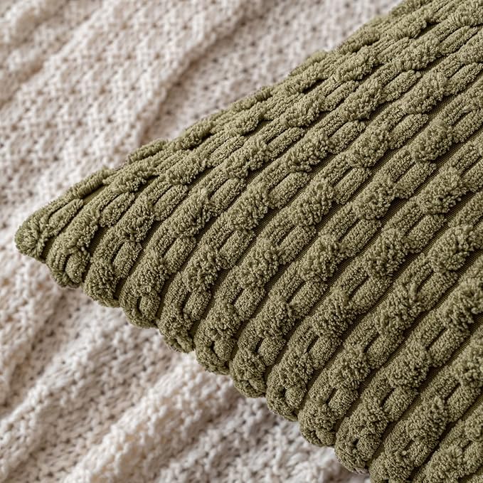 MIULEE Throw Pillow Covers Soft Corduroy Decorative Set of 2 Boho Striped Pillow Covers Pillowcases Farmhouse Home Decor for Couch Bed Sofa Living Room 16x16 Inch Olive Green