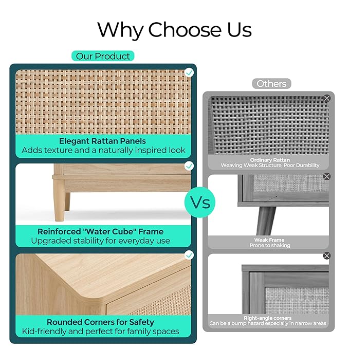 LINSY HOME Rattan Dresser for Bedroom with 8 Drawers, 54" Wide Chest of Drawers, Mid Century Modern Dresser TV Stand with Metal Handle, Wood Closet Storage Cabinet for Living Room, Hallway, Oak