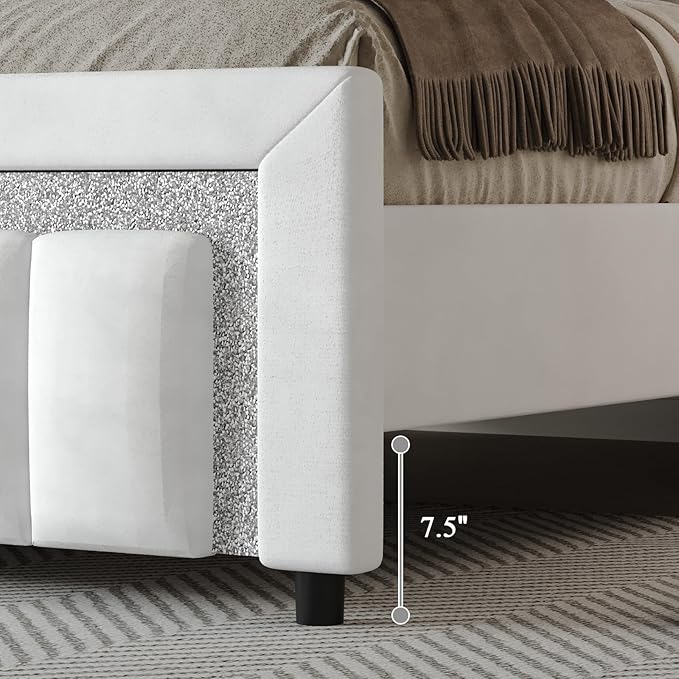 HOMBCK Twin Size Bed Frames with Headboard and Footboard, Upholstered Platform Bed with Diamond Design, Bed Frames Twin with Wooden Slats Support, No Box Spring Needed, Easy Assembly, White