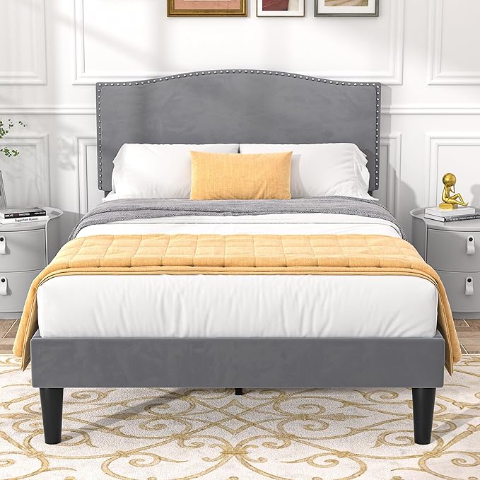 VECELO Twin Bed Frame Platform Bed Frame with Upholstered Headboard, Strong Frame and Wooden Slats Support, Strong Weight Capacity, Non-Slip and Noise-Free, Easy Assembly,Grey