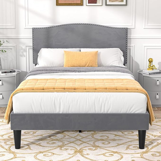 VECELO Twin Bed Frame Platform Bed Frame with Upholstered Headboard, Strong Frame and Wooden Slats Support, Strong Weight Capacity, Non-Slip and Noise-Free, Easy Assembly,Grey