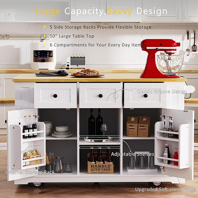 Large Kitchen Island Cart on 5 Wheels with Power Outlet, Drop Leaf, 3 Drawers, Kitchen Storage Cart with 5 Open Side Racks for Kitchen, Dining Room, Home Bar White