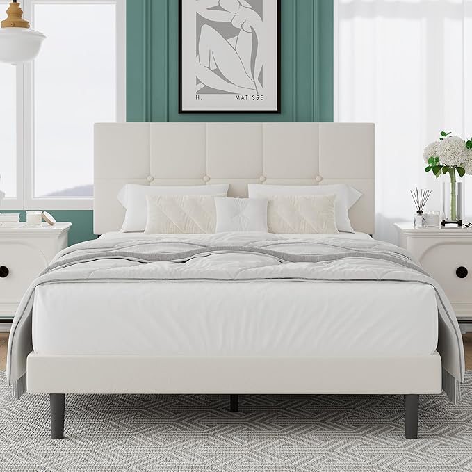 Full Size Bed Frame, Full Size Platform Bed Frame with Headboard, Upholstered Headboard, Sturdy Wooden Slats, Noiseless No Box Spring Required, Easy to Assemble, Beige
