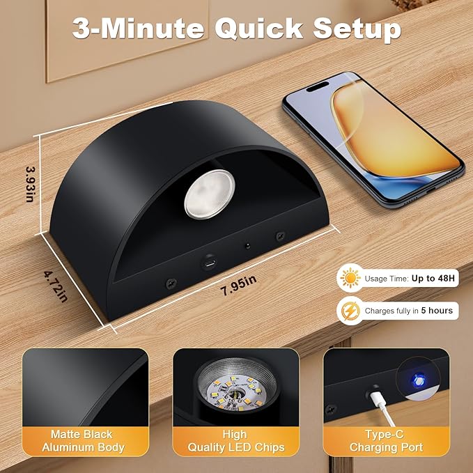 2 Pack Battery Operated Wall Sconce with Remote Control,No Hardwired Black Aluminum Wall Sconces,50W Equivalent Battery Wall Light,3000K-6500K Dimmable Wall Sconces