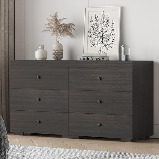 Dresser for Bedroom 6 Drawer Wood Dresser 58.3" Wide, Large Chest of Drawers for Bedroom, Living Room, Hallway, Entryway, Modern TV Stand Drawer Organizer,Dark Brown