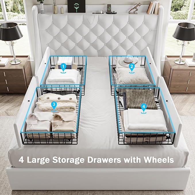 Full Bed Frame with 4 Storage Drawers, Huge Upholstered Wingback Headboard, Fast Charging Station, No Box Spring Needed, Noise-Free, White