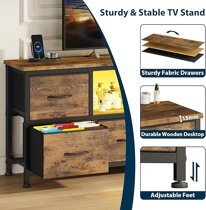 Lulive TV Stand for Living Room, LED Rustic Brown Dresser for Bedroom with 6 Fabric Drawers,43 55 60in TV Stand with Power Outlet, Entertainment Center with Open Shelf