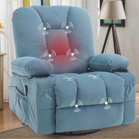 Rocker Recliner Chair for Adults, Recliners with Massage and Heat, Fabric Overstuffed Swivel Glider with Cup Holder Side Pocket, Manual Reclining Sofa Chair for Living Room,Blue