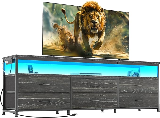 Huuger 63 Inch TV Stand for 55, 65, 70 Inch TV, Long Dresser TV Stand for Bedroom, Charcoal Black LED TV Stand with Power Outlets, Fabric Dresser with Storage, Entertainment Center for Living Room
