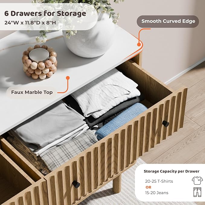 Fluted 6 Drawers Dresser for Bedroom, 54" Wide Modern Chest of Drawers with Faux Marble Top, Curved Profile Design, Solid Wood Legs, Wodden Dresser TV Stand, Storage Organizer for Bedroom,Oak