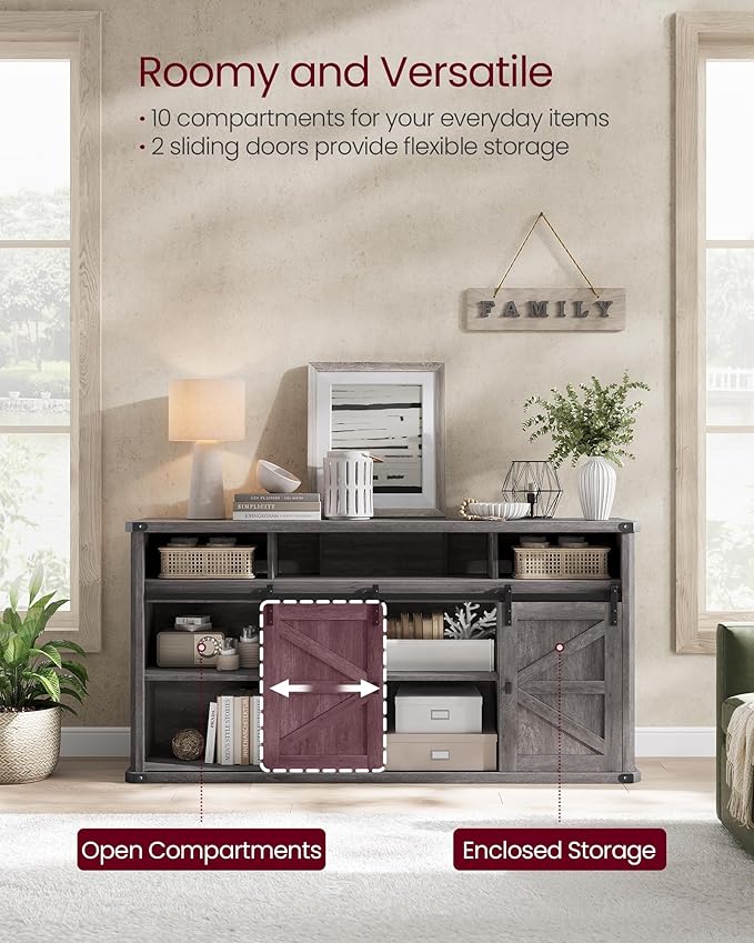 VASAGLE TV Stand for TVs up to 65 Inches, Farmhouse Entertainment Center with Sliding Barn Doors, TV Console Table for Living Room, Misty Gray ULTV322G68