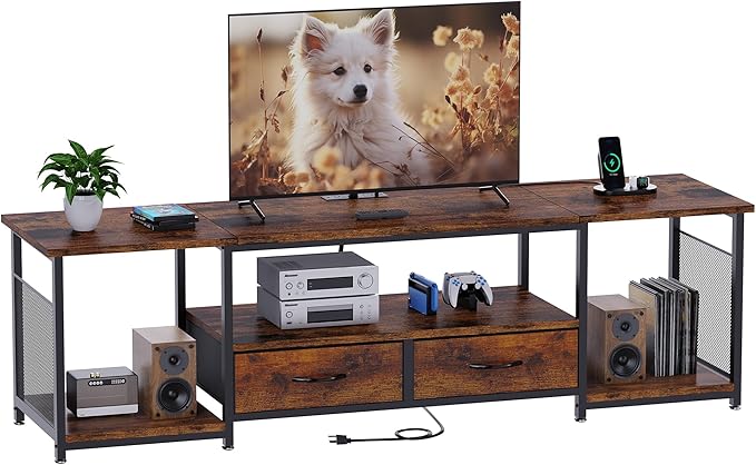 TV Stand with Drawers and Power Outlets for 75 70 65 Inch TV, Entertainment Center with Open Storage Shelves, Industrial Media TV Console Table for Living Room Bedroom Office, Rustic Brown