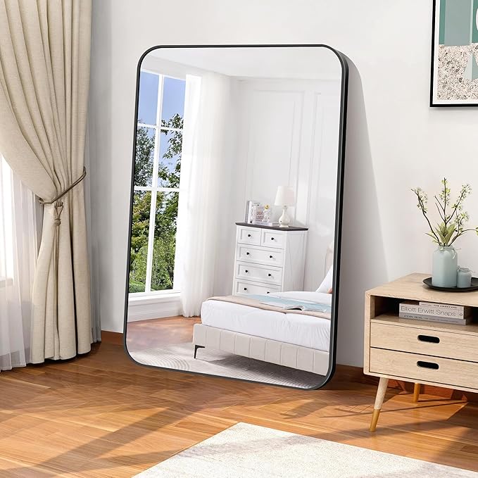 Bathroom Mirror, 55x36 inch Black Rectangle Wall Mirror, Metal Frame Rounded Corner Vanity Mirror, Large Wall Mounted Mirrors for Over Sink Bedroom Living Room Horizontal Or Vertical Mounting