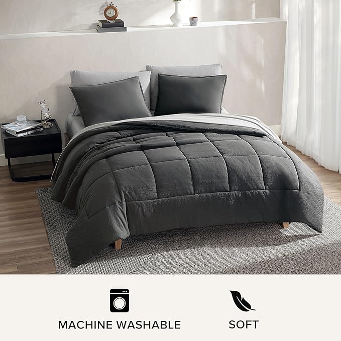 UGG Leonora Comforter Set with 2 Pillow Shams Lightweight Down Alternative Blanket Reversible Cozy Warm All Season Washable and Hypoallergenic Bedding Set, King, Charcoal Grey