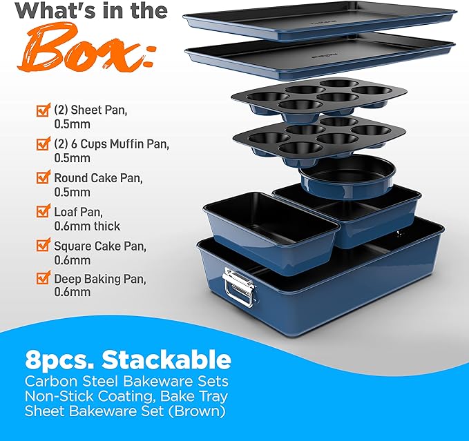 NutriChef 8-Piece Nonstick Stackable Bakeware Set - PFOA, PFOS, PTFE Free Baking Tray Set w/Non-Stick Coating, 450°F Oven Safe, Round Cake, Loaf, Muffin, Wide/Square Pans, Cookie Sheet (Blue)