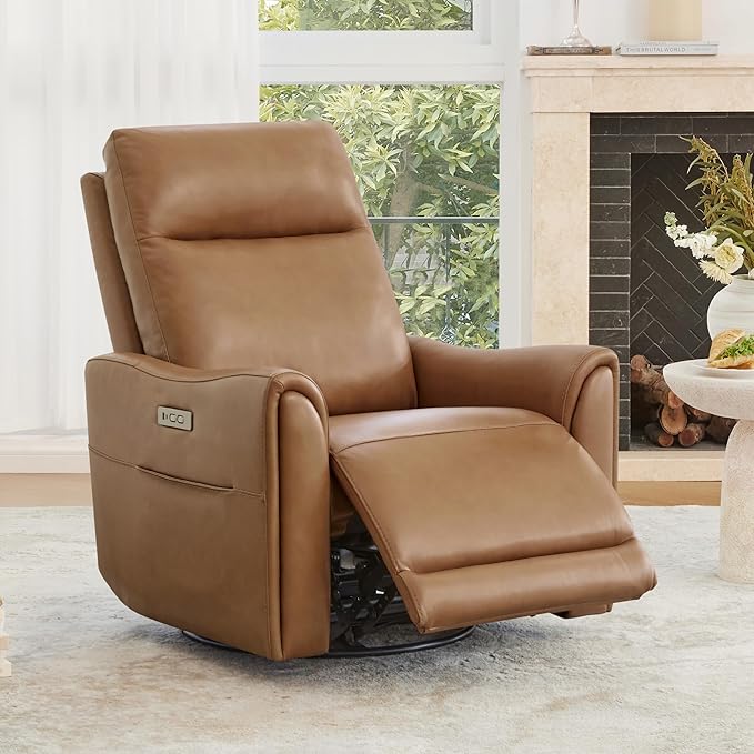 Watson & Whitely Genuine Leather Power Recliner Chairs for Adults, Swivel Glider Recliner Chair for Living Room with Charging Ports, Saddle