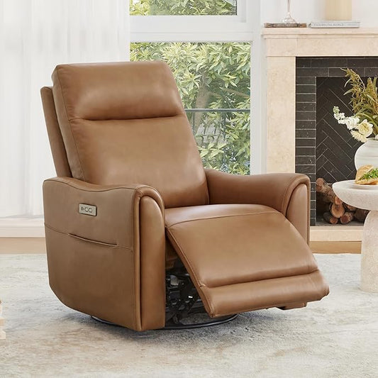 Watson & Whitely Genuine Leather Power Recliner Chairs for Adults, Swivel Glider Recliner Chair for Living Room with Charging Ports, Saddle