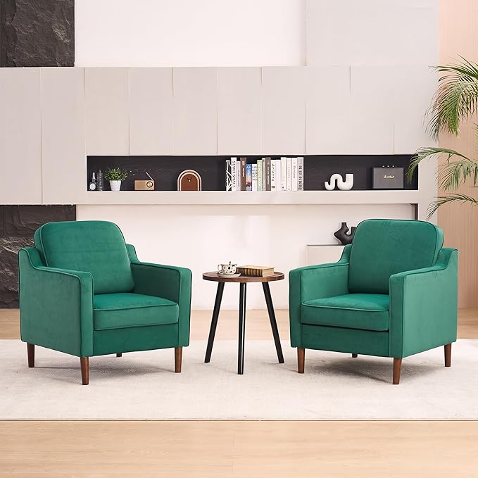 Mid Century Modern Accent Chairs Set of 2, Upholstered Reading Armchair for Living Room, Velvet Comfy Sofa Chair with Wood Legs for Bedroom, Office, Waiting Room, Green