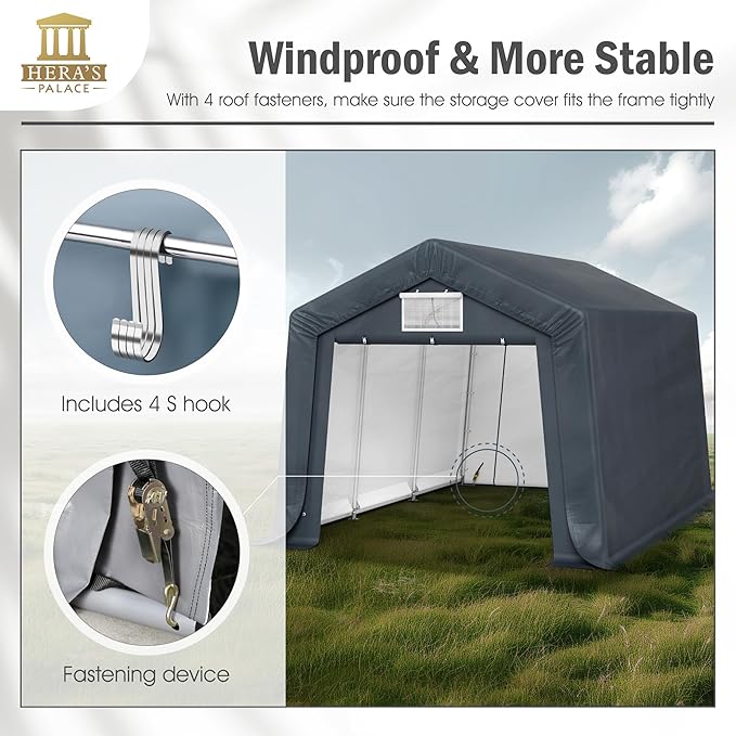 HERA'S PALACE 10x15ft Outdoor All-Season Portable Storage Shelter Shed Car Canopy Carport with 2 Roll up Zipper Doors Garage Kit Tent for Motorcycle Garden Tools