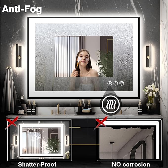 40x36 LED Bathroom Vanity Mirrors - Black Aluminum Edge (Front and Backlit), Anti-Fog Vanity Mirror with Lights,Stepless Dimmable Lighted Mirror,3 Colors Smart Mirror(Horizontal/Vertical)