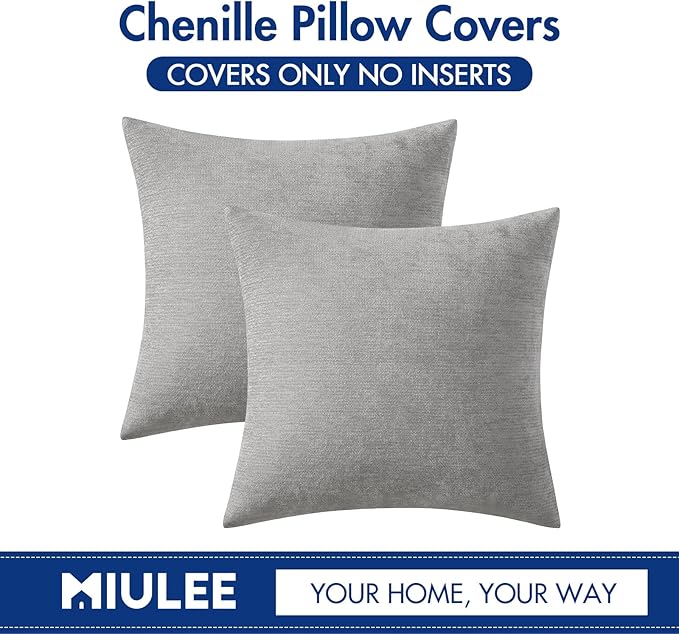 MIULEE Pack of 2 Light Grey Decorative Pillow Covers 18x18 Inch Soft Chenille Couch Throw Pillows Farmhouse Cushion Covers for Home Decor Sofa Bedroom Living Room