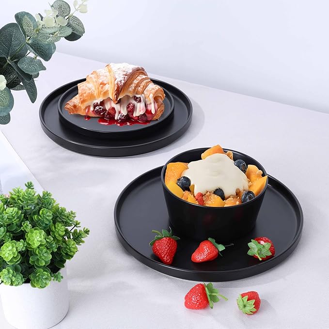 Herogo 12 Pieces Stoneware Dinnerware Set, Service for 4, Dinner Plates and Bowls Sets, Double Reactive Glaze Dishes Set for Kitchen, Scratch Resistant, Dishwasher Safe, Matte Black