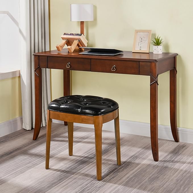 Solid Wood Button Tufted Vanity Stool, Ottoman Stool with Wood Legs & Padded Seat PU Leather Upholstered Piano Bench with Non-Slip Foot Pads Accent Stool for Bedroom Entryway, Black