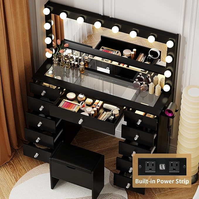 VOWNER Vanity with Lighted Mirror - Makeup Vanity Desk with Glass Top and 11 Drawers, 3 Color Lighting Modes Adjustable Brightness, 46" Vanity Table with Soft Cushioned Stool for Bedroom, Black