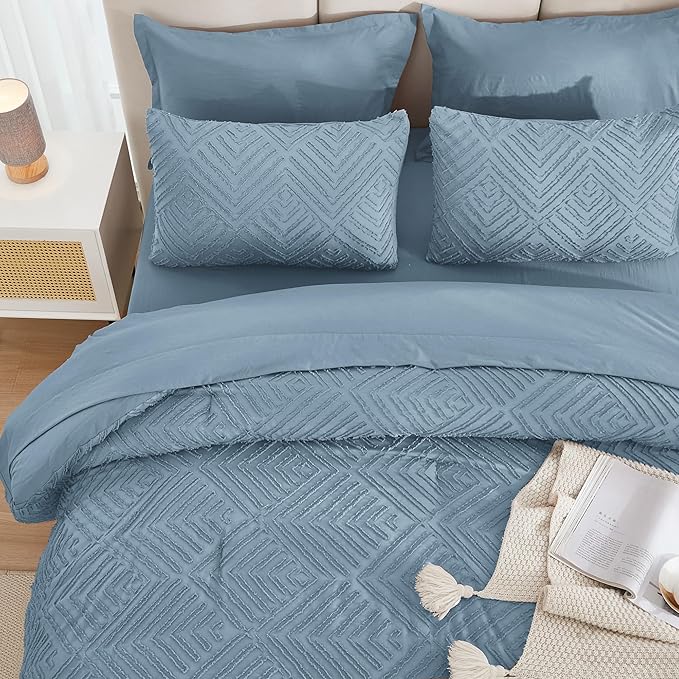 Andency King Size Comforter Set 7 Pieces Grayish Blue - Bed in a Bag King Boho Lightweight Fluffy Tufted Bedding Sets with Comforter, Sheets, Pillowcases & Shams