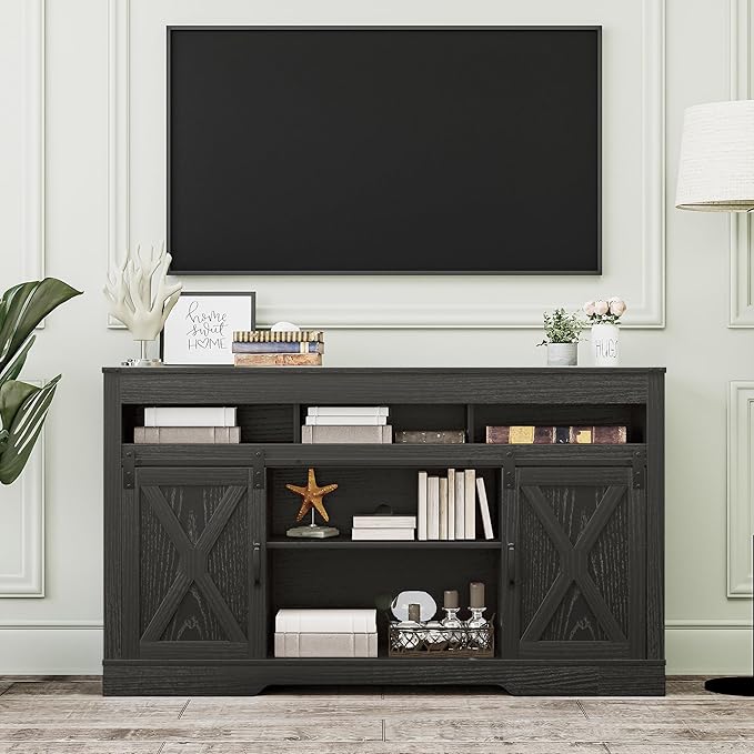 Farmhouse TV Stand for 65+ Inch TV, 34'' Tall Entertainment Center with Sliding Barn Doors, Rustic Wood Media Console Storage Cabinet Television Stand for Living Room, Bedroom (Black)