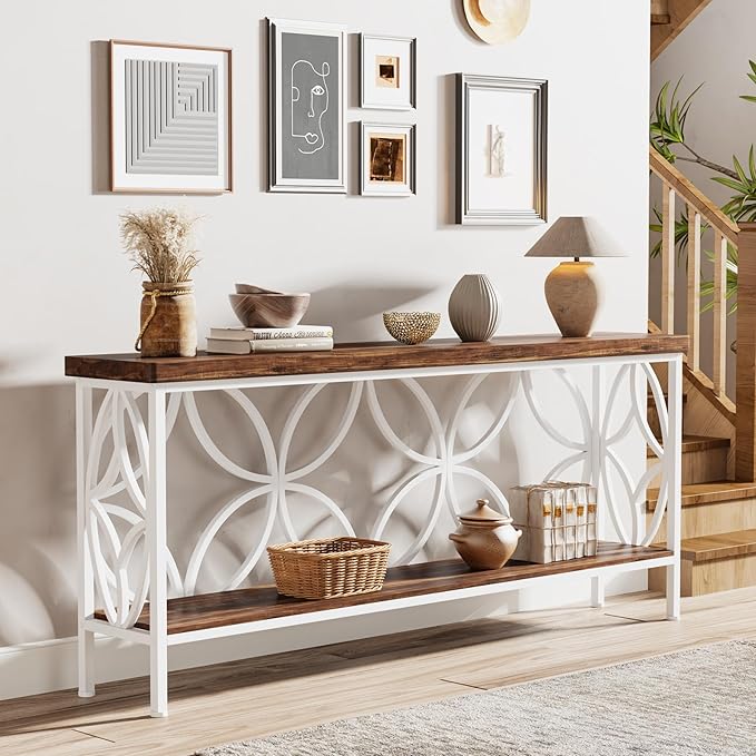 Tribesigns 70.9-Inch Narrow Sofa Table, Industrial Long Sofa Table Behind Couch, Entry Console Table with Storage for Entryway, Living Room, Foyer, Unique Design, Walnut/White