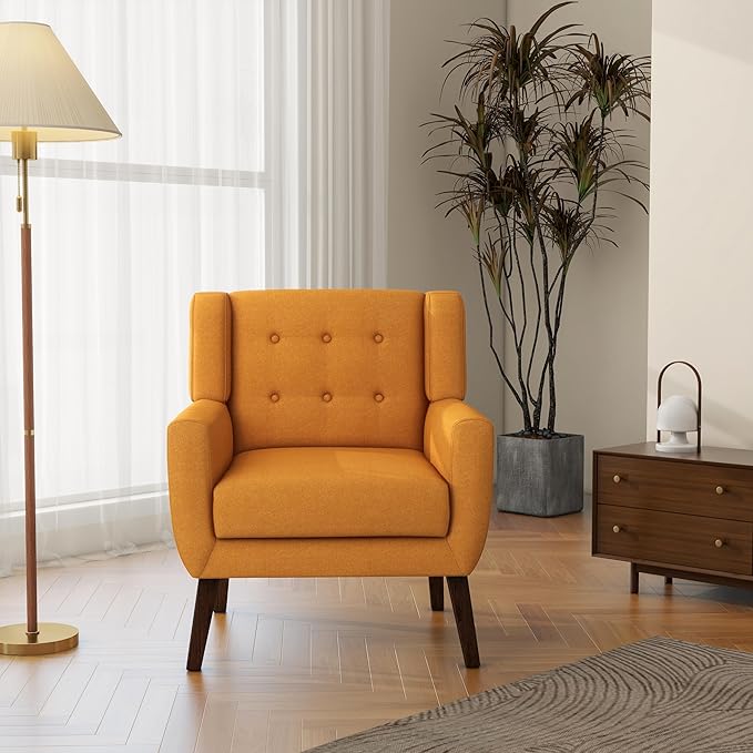 Accent Chair, Mid-Century Modern Fabric Chairs with Arms for Living Room, Comfy Upholstered Club Single Sofa Armchair for Bedroom Waiting Room with Solid Wood Frame (Fabric Orange, Set of 1)