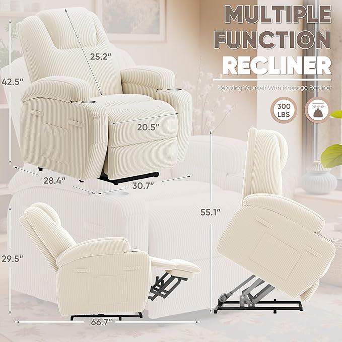 Power Lift Recliner Chair with Massage Electric Lift Chair for Elderly, Ergonomic Recliner with Cup Holders & Side Pockets, Modern Single Sofa for Living Room (Corduroy, White)