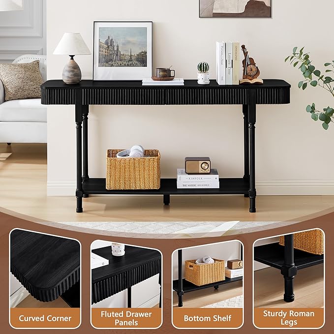 63”Console Table with 2 Drawers, Retro Entryway Table with Fluted Panel & Storage Shelf, Narrow Long Behind Couch Tables Accent Sofa Table with Solid Wood Legs for Living Room Foyer Hallway(Black)