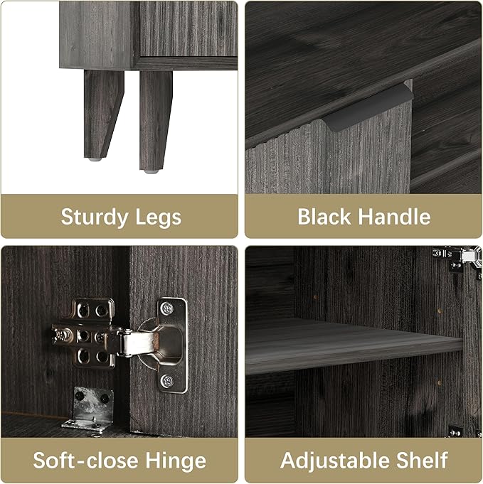 Fluted TV Stand for 70 inch，Entertainment Center with Storage Cabinets, Modern TV Console with Open Adjustable Shelves, TV Stand for Living Room Bedroom, Black&Grey